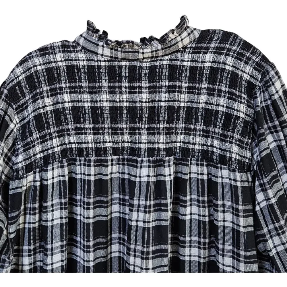 J CREW Women's Plus 3X Tunic Blouse 1/2 Buttons Smocked Plaid Black White 54